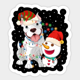 Funny Pitbull Dog Snowman wearing a santa hat Light Tree Christmas Sticker